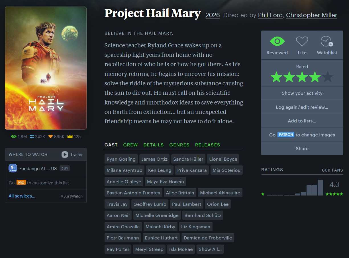 Movie Page Example of Project Hail Mary